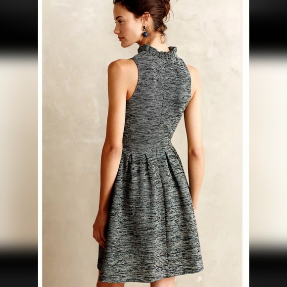 Ganni Anthropologie Pinnacle Tweed Knit Ruffle Mock Neck Fit & Flare Dress - Picture 2 of 11